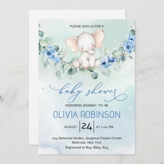 Invitation Baby shower Eléphant Bébé mignon (Devant / Derrière)
