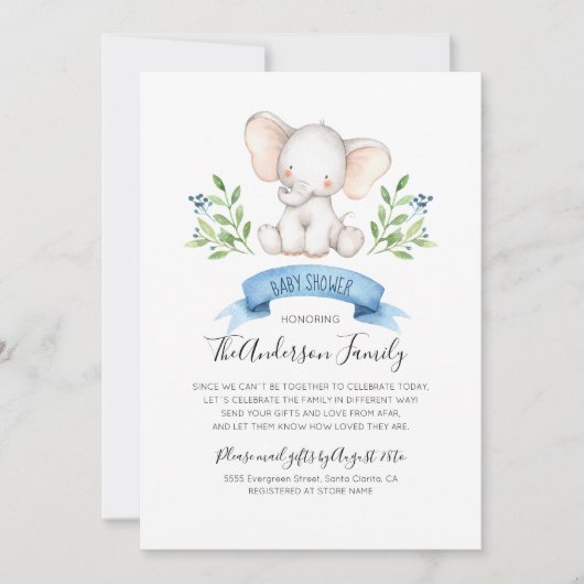Invitation Baby Shower éléphant bébé par courrier à longue di (Devant)