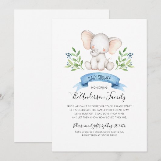 Invitation Baby shower Eléphant Bébé Par Courrier Interurbain (Devant / Derrière)
