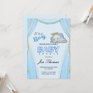 Invitation Baby Shower Eléphant Bleu