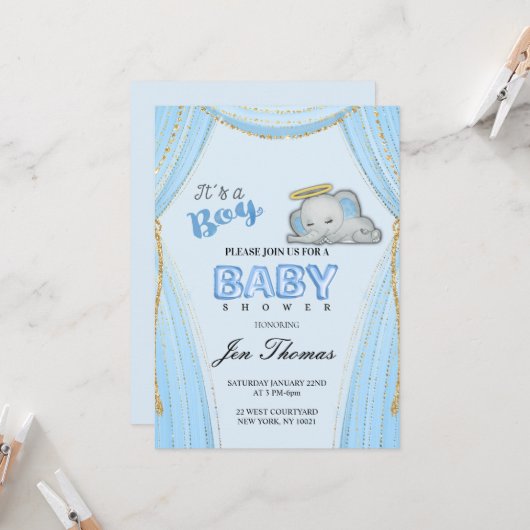 Invitation Baby Shower Eléphant Bleu (Devant/Arrière en situation)
