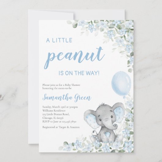 Invitation Baby Shower Eléphant Bleu (Devant)
