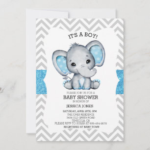Invitation Baby Shower Éléphant Bleu à Paillettes Chevron