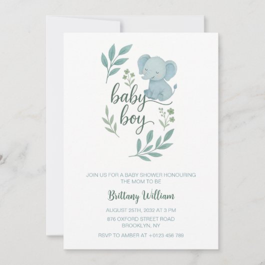 Invitation Baby shower éléphant Bleu bébé garçon (Devant)