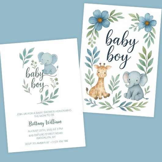Invitation Baby shower éléphant Bleu bébé garçon