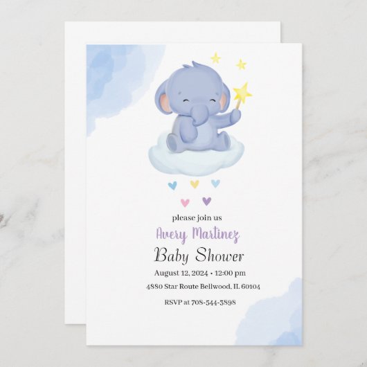 Invitation Baby shower Eléphant Bleu Bleu (Devant / Derrière)
