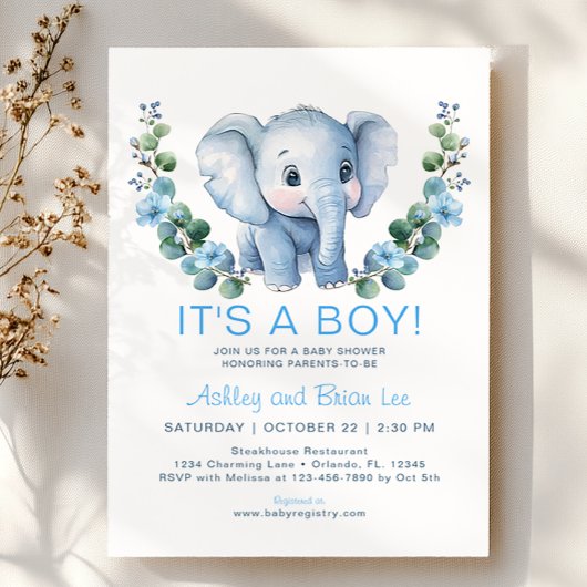 Invitation Baby shower Eléphant Bleu Cute - Waterc