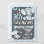 Invitation Baby shower éléphant, bleu et gris (Devant)