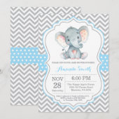 Invitation Baby shower éléphant bleu et gris (Devant / Derrière)