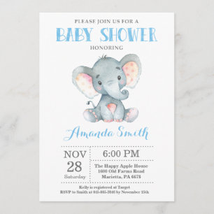 Invitation Baby shower éléphant bleu et gris