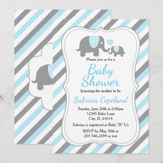 Invitation Baby shower Eléphant Bleu et Gris (Devant / Derrière)