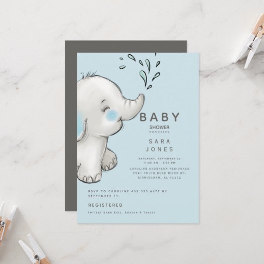 Invitation Baby shower Eléphant bleu et gris mou (Devant/Arrière en situation)