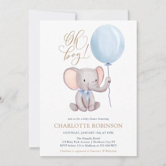 Invitation Baby shower Eléphant Bleu Garçon Cute Invitat (Devant)