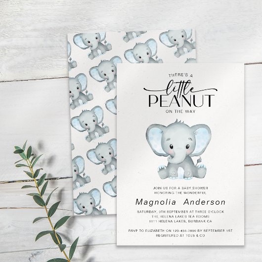 Invitation Baby shower Eléphant bleu petit arachide