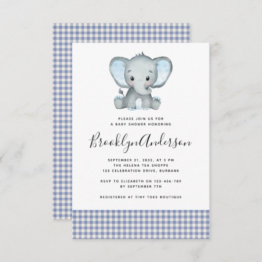 Invitation Baby shower éléphant bleu plaid (Devant / Derrière)