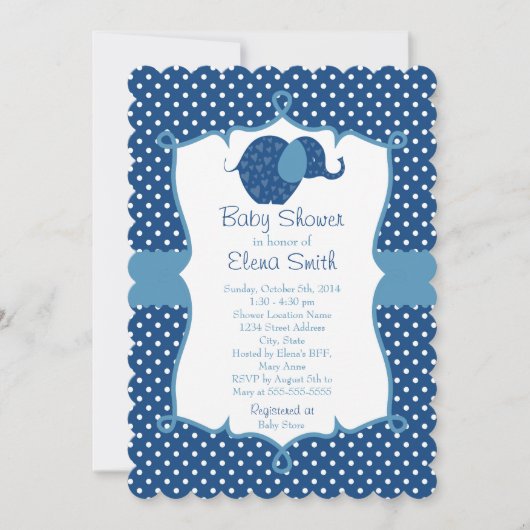 Invitation Baby shower éléphant bleu Polka Dot (Devant)