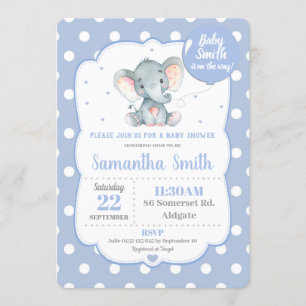 Invitation Baby shower éléphant bleu Polka Dot Boy