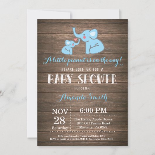 Invitation Baby shower éléphant Bleu Rustique (Devant)