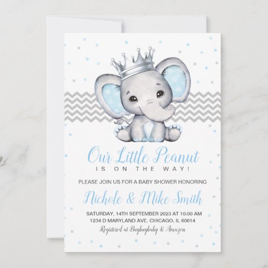 Invitation Baby shower Elephant Blue Boy (Devant)