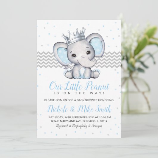 Invitation Baby shower Elephant Blue Boy (Debout devant)