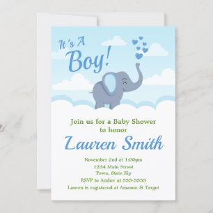 Invitation Baby shower éléphant Blue Elephant Boy