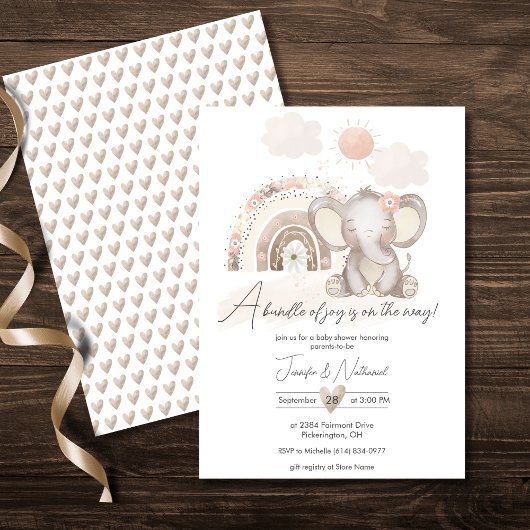 Invitation Baby shower Eléphant Boho et Arc-en-ciel