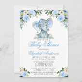 Invitation Baby shower Elephant Bow Blue Floral Argent (Devant)
