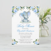 Invitation Baby shower Elephant Bow Blue Floral Argent (Debout devant)