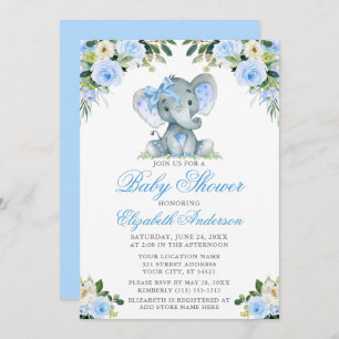 Invitation Baby shower Elephant Bow Blue Floral Argent