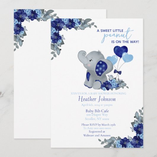 Invitation Baby shower Elephant Boy (Devant / Derrière)
