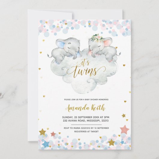 Invitation Baby shower Elephant Boy Twins (Devant)