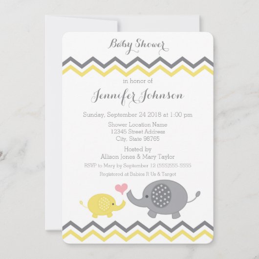 Invitation Baby shower éléphant | Chevron gris jau (Devant)