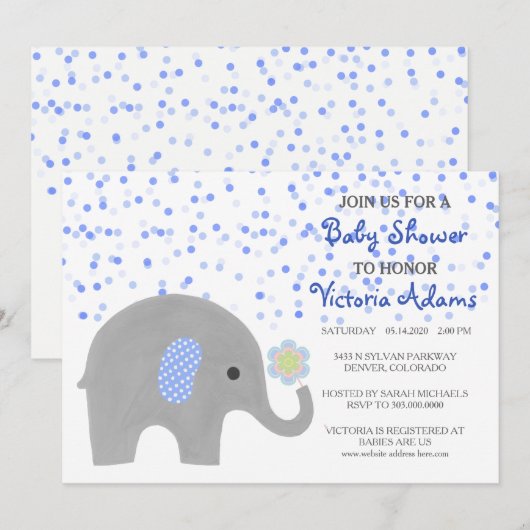 Invitation Baby shower Eléphant Confetti Bleu (Devant / Derrière)