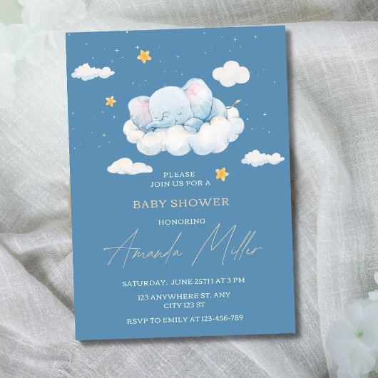 Invitation Baby shower éléphant couché, Baby shower garçon