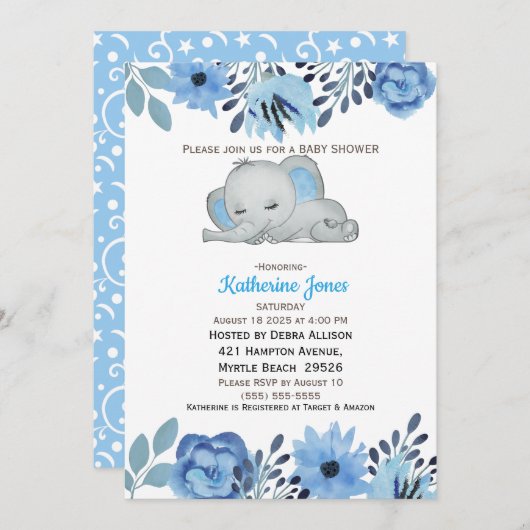 Invitation Baby shower Eléphant couché bleu bleu clair (Devant / Derrière)