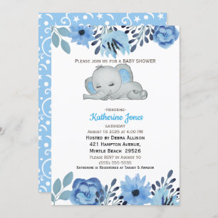 Invitation Baby shower Eléphant couché bleu bleu clair