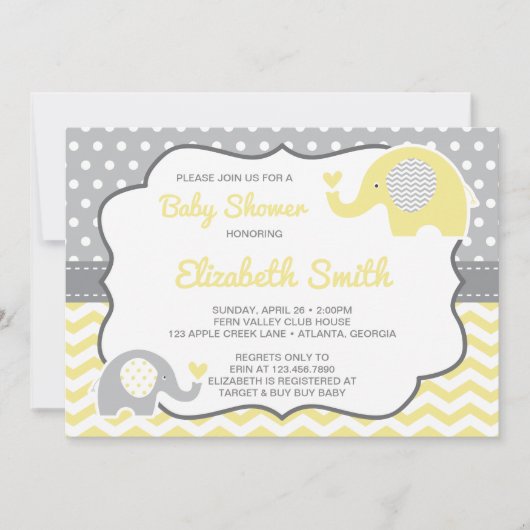 Invitation Baby shower éléphant, COULEUR ÉDITABLE (Devant)