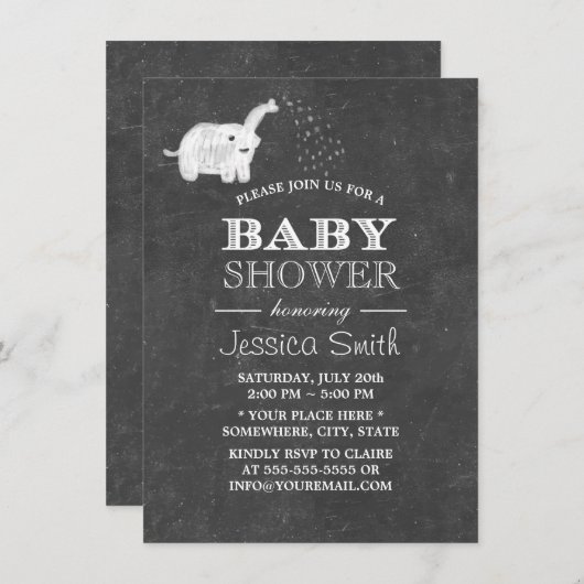 Invitation Baby shower Eléphant Cute Chalkboard (Devant / Derrière)
