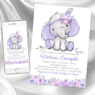 Invitation Baby shower éléphant de la fille pourpre de Boho