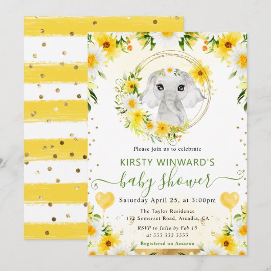 Invitation Baby shower Eléphant de la Jungle Aquarelle (Devant / Derrière)