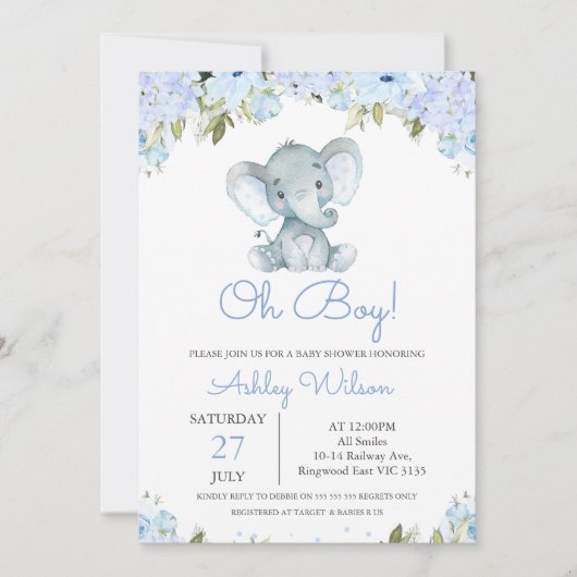 Invitation Baby shower éléphant de l'Hydrangée Bleue du garço (Devant)