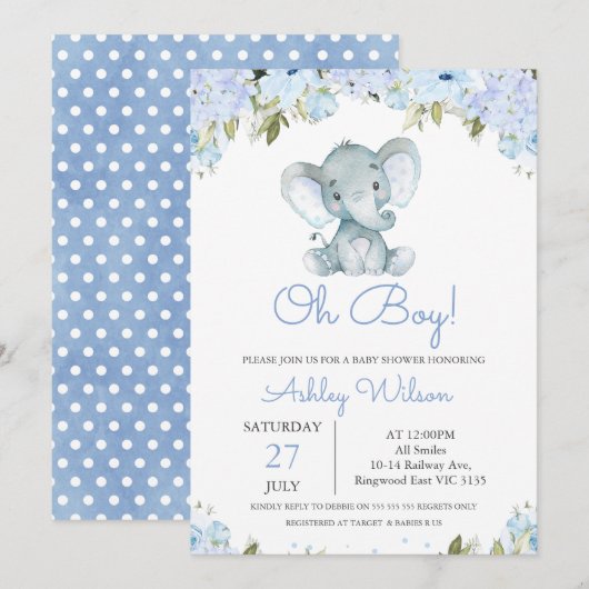 Invitation Baby shower éléphant de l'Hydrangée Bleue du garço (Devant / Derrière)