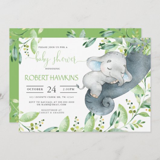 Invitation Baby shower Elephant de verdure (Devant / Derrière)