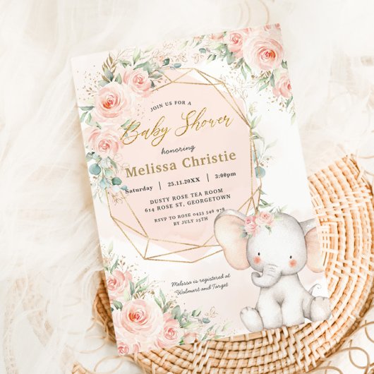 Invitation Baby shower Eléphant doux rose rose floral mou
