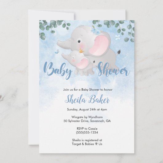 Invitation Baby shower éléphant, éléphant bleu (Devant)