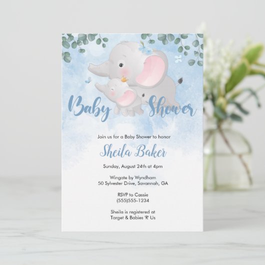 Invitation Baby shower éléphant, éléphant bleu (Debout devant)