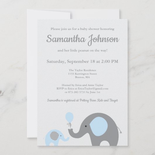 Invitation Baby shower éléphant en bleu et gris (Devant)