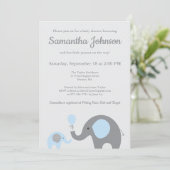 Invitation Baby shower éléphant en bleu et gris (Debout devant)