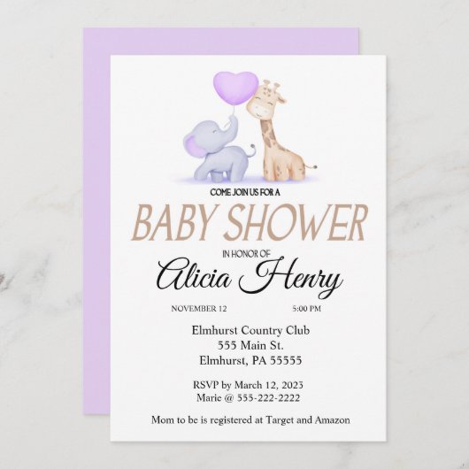 Invitation Baby shower Elephant et Giraffe (Devant / Derrière)