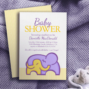 Invitation Baby shower éléphant étreinte jaune violet invitat